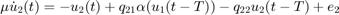 $$\mu\dot{u}_{2}(t)=-u_{2}(t)+q_{21}\alpha(u_{1}(t-T))-q_{22}u_{2}(t-T)+e_{2}$$