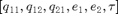 $[q_{11},q_{12}, q_{21}, e_1, e_2,\tau]$